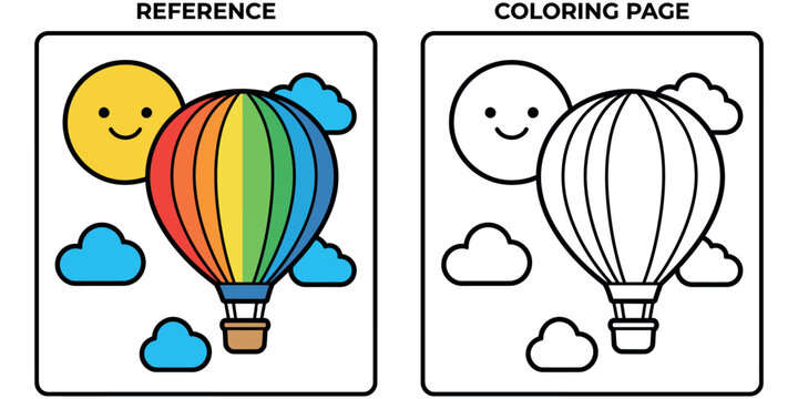 Hot air balloon coloring page with sun and clouds reference image included