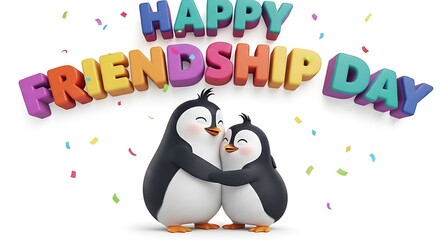 Naklejka premium Happy Friendship Day Greeting Banner with Cute Cartoon Kangaroo and Baby Joey Holding Paper Hearts on Soft Blue Background