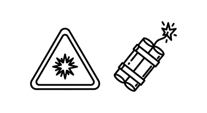 Explosion warning triangle and dynamite stick icons with explosion triangle dynamite detonator explosive emergency industrial destructive prohibited security accident combustion