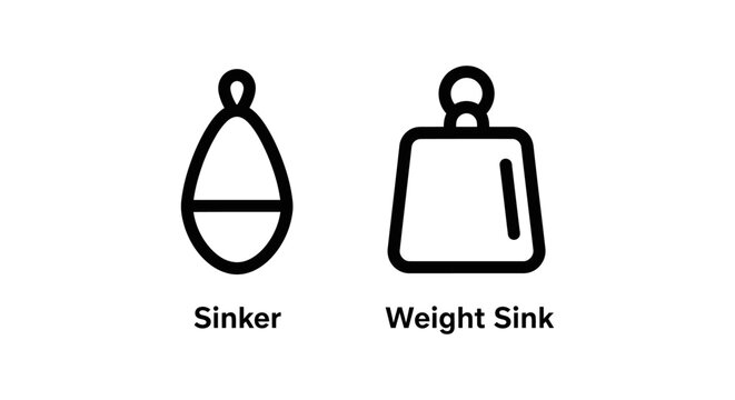 Fishing equipment line icons featuring a lead sinker and a heavy metal weight for fishing tackle and sport gear equipment outdoors activity pictogram interface illustration accessory
