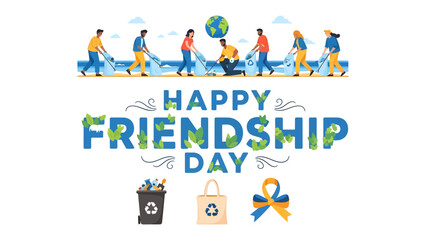 Fototapeta premium Happy Friendship Day: A group of friends collaborates to clean up the environment, symbolizing friendship and shared responsibility towards the planet.