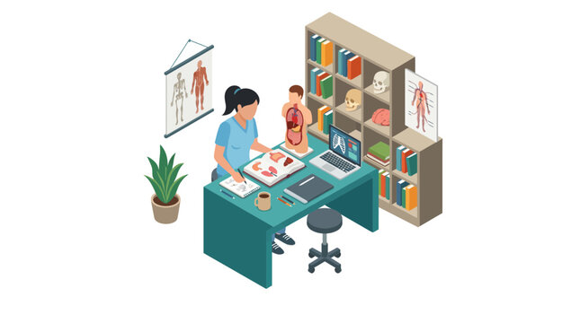 Woman working at a desk in a medical office setting.