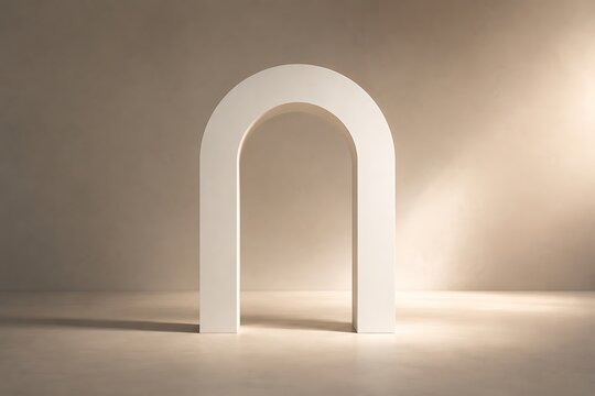 A minimalist white archway stands against a softly lit, neutral background, casting a gentle shadow.