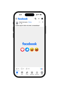 Facebook post mockup social media template. like and love icon buttons and haha emoji smiley face, web post mock up frame . Facebook notification icons, thumb up icon, favorite heart icon sticker