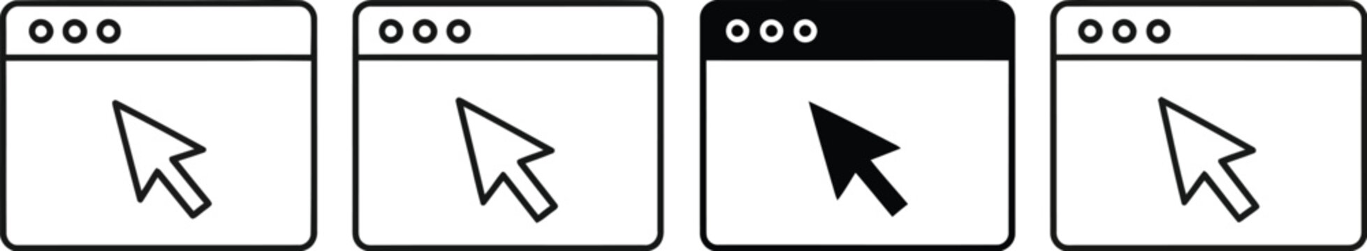 Minimalist black and white vector illustration showing multiple browser window icons with various mouse cursor pointers