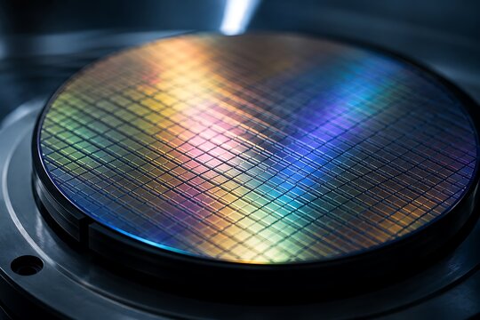 Close-up of a silicon wafer with a grid pattern, reflecting iridescent colors under light.