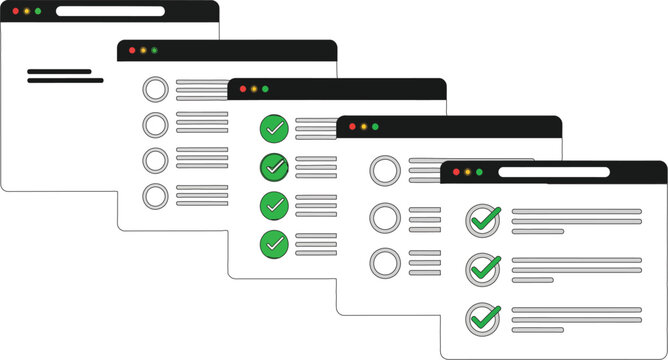 Multiple browser window interface vector graphic showing process completion with green check mark status icons