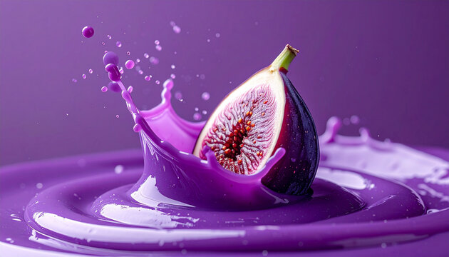 Abstrakte Studio-Makroaufnahme einer frischen Feigenh&auml;lfte, die in cremiges tiefviolettes Feigenp&uuml;ree eintaucht, flie&szlig;ende Welle, monochrome pflaumenfarbene Farbpalette
