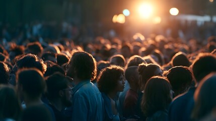 Obraz premium A luminous and textured scene captures the vibrant energy of a crowded music festival under contrasting warm sunlight and cool tones