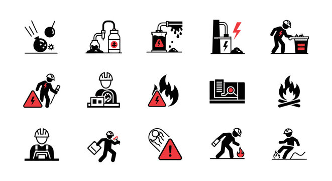 Set of industrial safety black icons depicting various workplace hazards such as falling objects, chemical spills, electrical risks, fire, and a worker with hard hat, on an isolated white background.