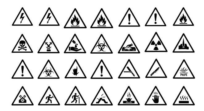 Large collection of yellow triangular warning signs with various black hazard symbols, including electricity, fire, falling objects, and general caution, on an isolated white background.