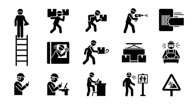 Collection of black safety icons depicting various workplace hazards and actions, including working at height, lifting, welding, and general warnings, on an isolated white background.
