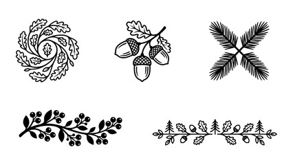 Forest botanical vector elements set with oak leaf wreath acorn branch pine needles berry branch and decorative divider for autumn design © Artastic