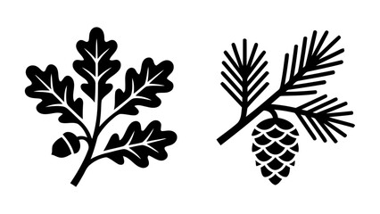 Oak branch with leaves and acorn and pine branch with pinecone vector silhouette icons for nature and forestry design © Artastic
