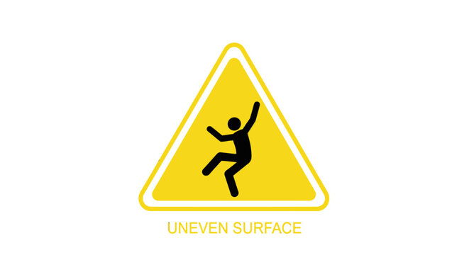 Yellow Uneven Surface Warning Sign with Stumbling Person on Isolated White Background