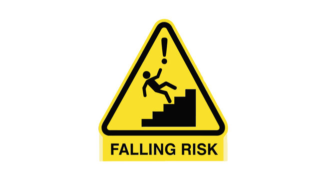 Yellow triangular warning sign with text "FALLING RISK" depicting a person falling down a flight of stairs, isolated white background.