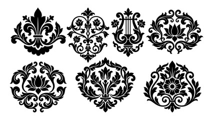 Vintage damask floral ornament vector set with baroque scroll elements and classic decorative silhouettes for luxury design © Artastic