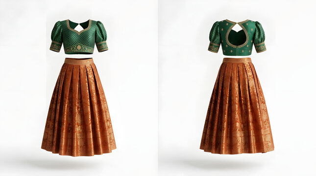 Traditional Indian green blouse and orange lehenga skirt front and back 3D mockup