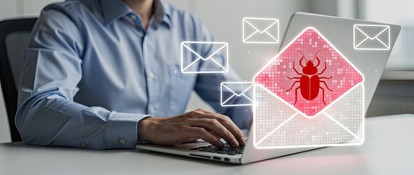 Cybersecurity threat: Person working on laptop receives email with computer bug icon, concept of malware and phishing