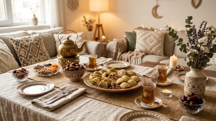 Fototapeta premium Eid Mubarak Muslim Family Dinner Table.