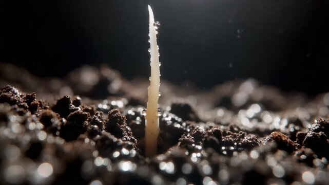 Plant Anatomy Root Hair Water Absorption in Soil Close Up. Close-up view of a plant root hair absorbing water in soil with rain or dew drops