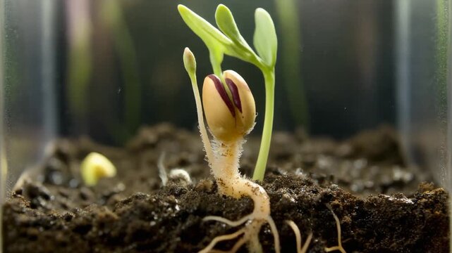 Close Up of Seed Germination Process Showcasing Plant Anatomy with Emerging Sprout and Root Development in Soil with Natural Lighting