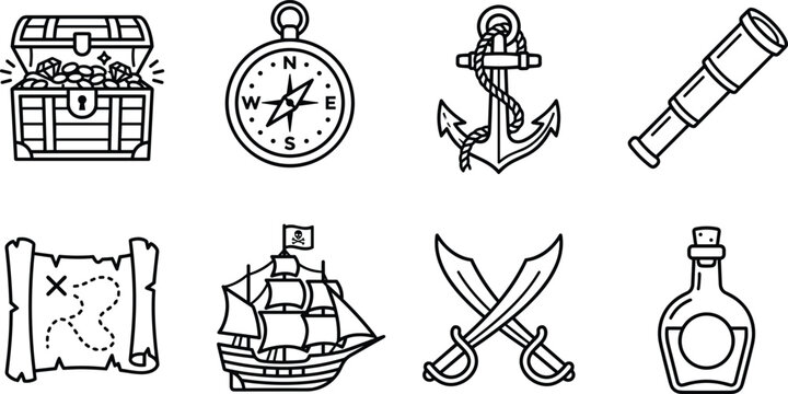 Pirate icons with treasure chest compass anchor spyglass map ship swords and rum bottle in simple outline style
