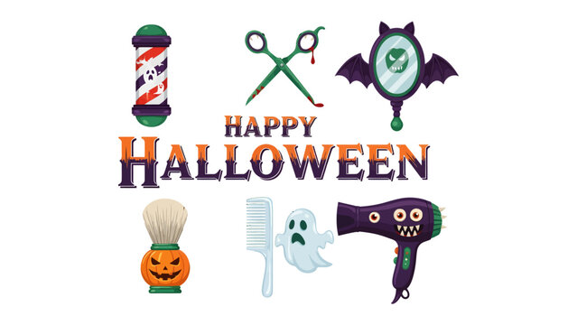 Halloween Barber Shop Graphics: A whimsical collection of Halloween-themed barber shop elements, including a barber pole, scissors, mirror, brush, comb, hair dryer, and spooky ghost.