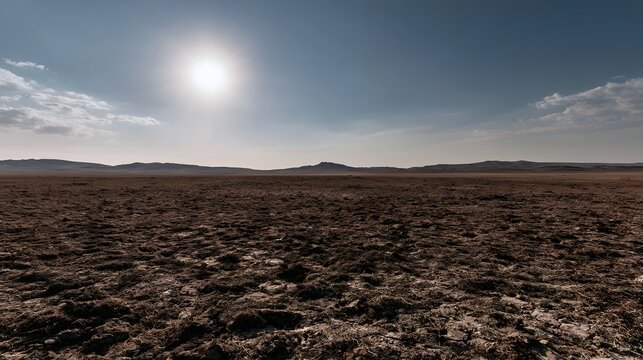 An expansive sun scorched desert plain under a vast sky conveys a sense of arid emptiness and heat