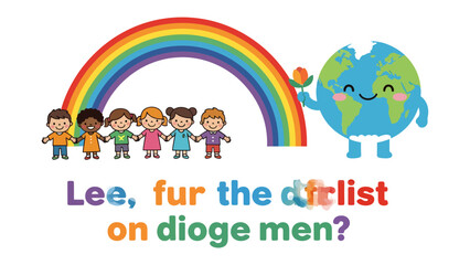 Fototapeta premium Rainbow Arch Embracing Earth's Children: A vibrant illustration depicts diverse children holding hands beneath a colorful rainbow, alongside a cheerful cartoon Earth offering a flower.