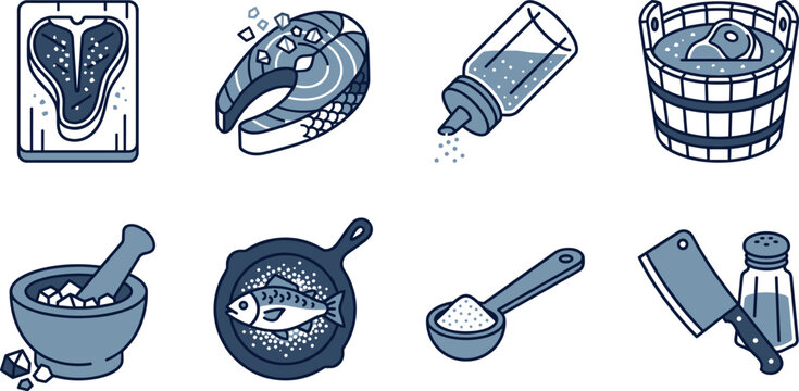 Vector isometric icon set featuring culinary salt and seasoning preparation including T bone steak salmon fillet fish skillet shaker mortar and meat cleaver
