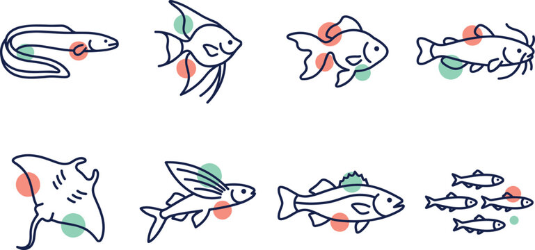 Vector linear fish icon set with colorful shapes featuring fresh and saltwater species including eel angelfish goldfish catfish stingray and flying fish