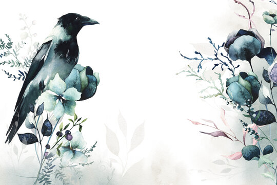 Watercolor painted floral vertical bouquet and crow frame. Blue, turquoise flowers, wild swamp branches, leaves, blueberry twigs. White background. Watercolour artistic template design.