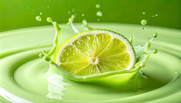 Abstrakte Studio-Makroaufnahme einer frischen gr&uuml;nen Yuzuscheibe, die in cremigen limonengr&uuml;nen Matcha-Yuzu-Joghurt eintaucht, flie&szlig;ende Welle, monochrome kr&auml;ftig gr&uuml;ne Farbpalette