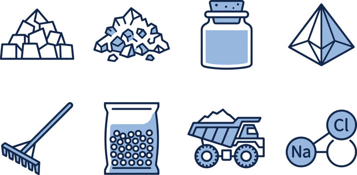 Vector linear icon set featuring salt production mineral mining and chemical elements including crystal heaps sodium chloride formula jar and dump truck