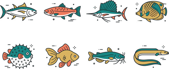 Vector retro linear icon set featuring various fresh and saltwater fish species like tuna salmon sailfish pufferfish goldfish and eel for seafood design © Khairul