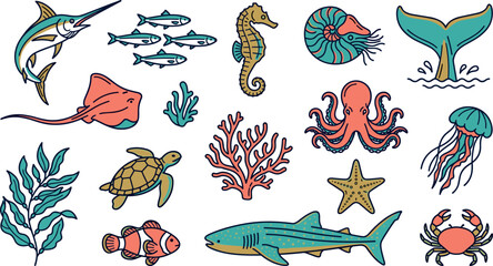 Vector hand drawn linocut style marine life illustration set featuring ocean animals like whale shark sea turtle octopus coral reef and seaweeds © Khairul