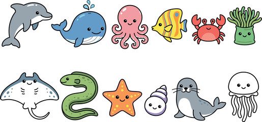 Vector cute kawaii cartoon sea animal illustration set featuring happy marine life creatures like dolphin whale octopus crab and jellyfish © Khairul