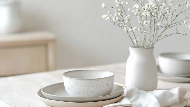 A table with a bowl on a plate and a vase with flowers. The table is set in a bright room with wooden furniture. Light shines through, creating a warm look