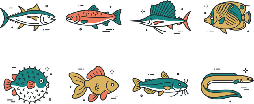 Vector retro linear icon set featuring various fresh and saltwater fish species like tuna salmon sailfish pufferfish goldfish and eel for seafood design