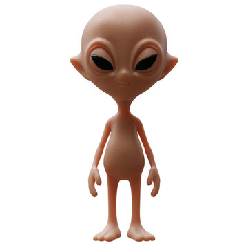 Cute cartoon alien character with large black eyes front view isolated on white transparent