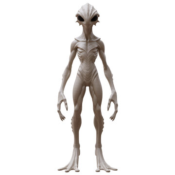 Full body pale alien creature with elongated limbs isolated on white transparent portrait
