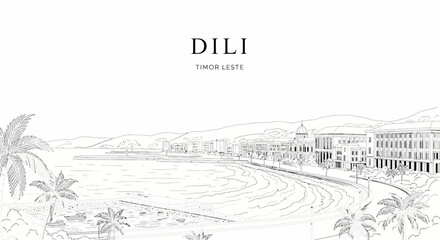Fototapeta premium A blackandwhite line art illustration of Dili TimorLeste featuring a coastal cityscape harbor and palm trees