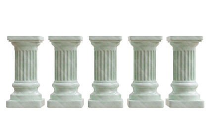 Naklejka premium Five pale green marble columns with fluted shafts and square capitals stand isolated on white transparent for classical architectural design