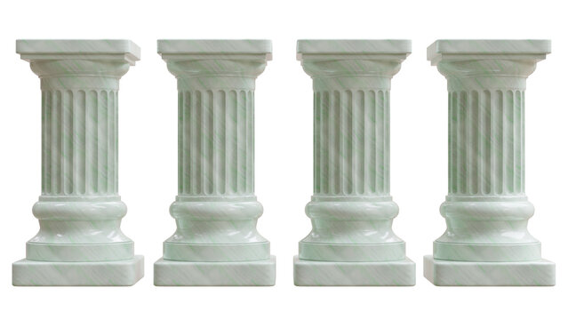 A set of four green veined marble columns with fluted shafts and square bases is isolated on white transparent
