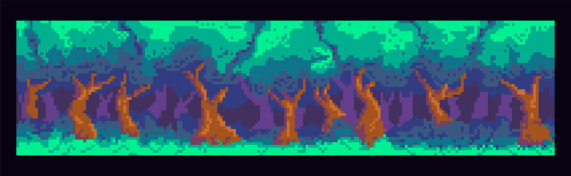 Pixel game scene: dense forest with large trees and grass. Pixel game forest to create various scenes and levels in games. Game level, 8 bit game scene.