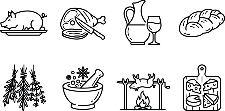 Rustic food preparation icons including whole pig ham wine bread herbs mortar pestle spit roast and cheese board