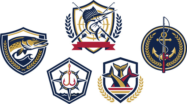 Maritime Fishing Club Badge Collection with Nautical Emblems Featuring Fish, Sailfish, Anchor, Compass and Sailing Vector Shields