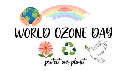 Fototapeta premium World Ozone Day Message: A vibrant graphic advocating for World Ozone Day, featuring hands cradling the Earth, a rainbow, a flower, a recycling symbol, and a dove with an olive branch.