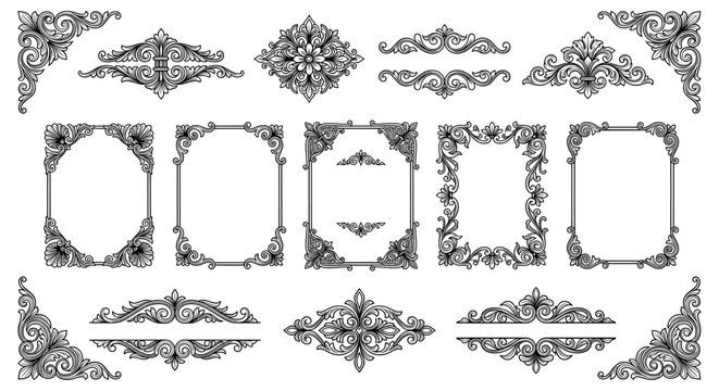 Vintage ornamental frames and filigree borders set, black baroque scroll dividers on white background, elegant victorian decorative design elements